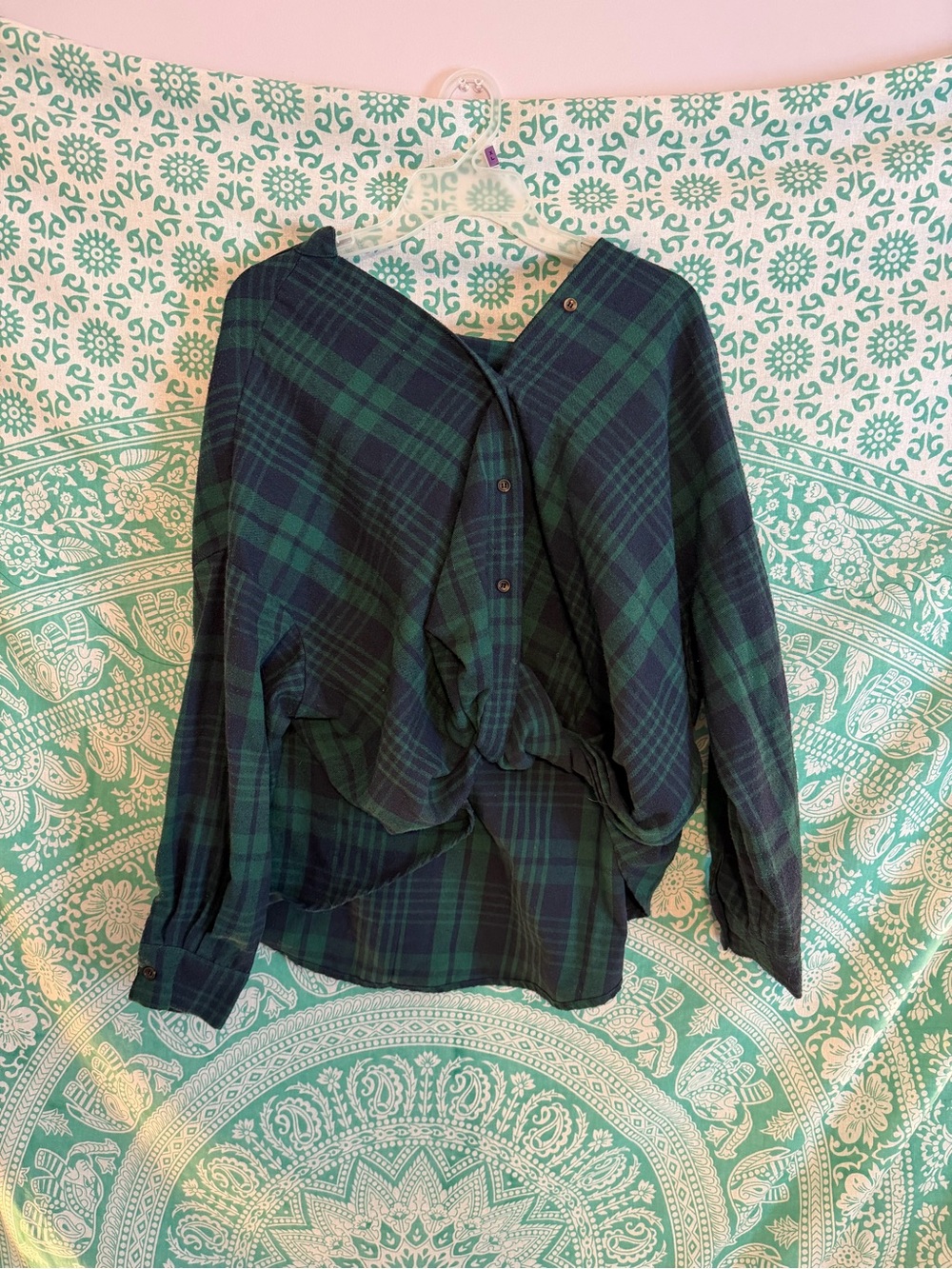 SHEIN Green & Navy Plaid Off-the-Shoulder Button-Front Sweater